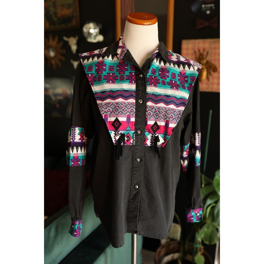 Vtg 80s 90s Banjo Colorful Western Fringe Bib Shirt Aztec Print USA Women's M